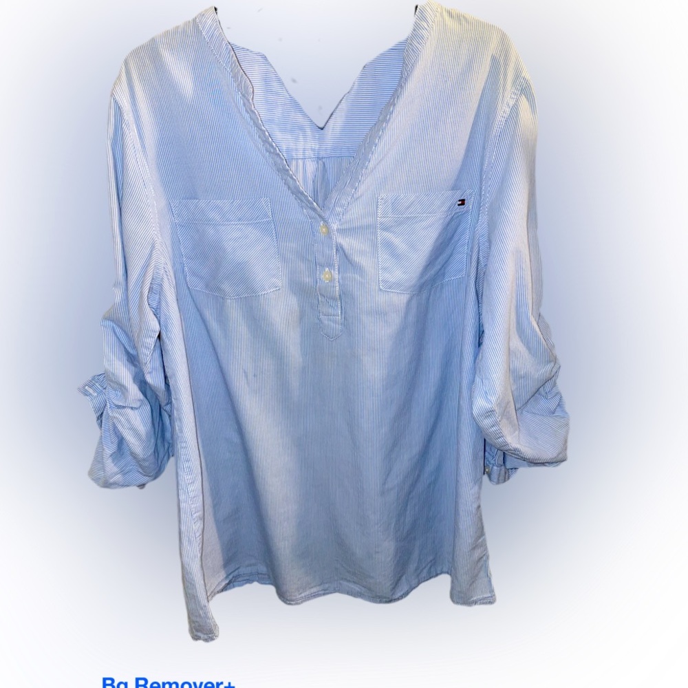 Tommy Hilfiger - Womens LS baby blue & white striped shirt.. | XL